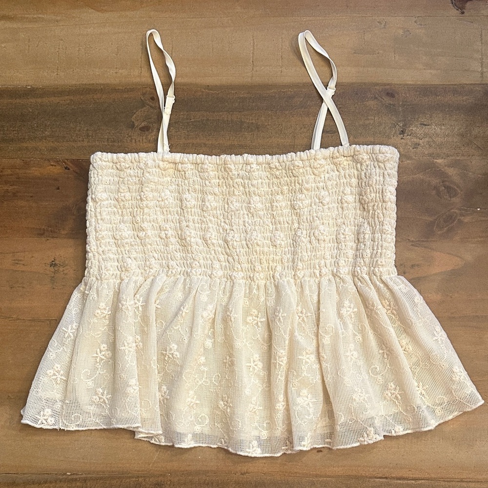 American Eagle Outfitters Cream Smocked Lace Peplum Cami